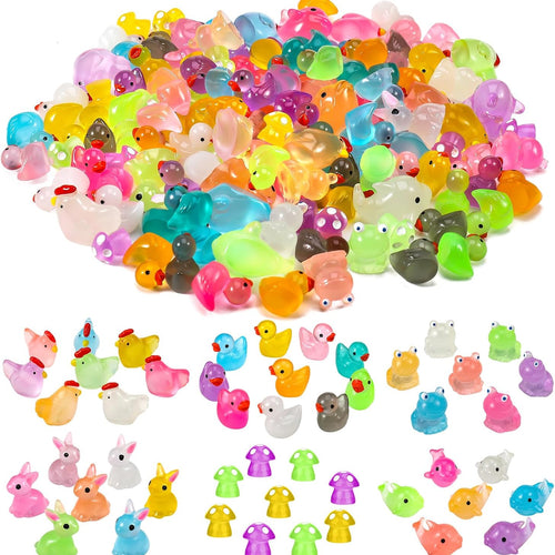 135 PCS Luminous Mini Resin Ducks Tiny Glow in The Dark Duck/ Chickens/ Rabbit/ Frogs /Dolphin /Mushroom/ 6 Combination Sets Resin Miniature Animals for Micro Landscape Dollhouse Garden Decoration