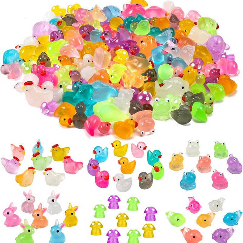 135 PCS Luminous Mini Resin Ducks Tiny Glow in The Dark Duck/ Chickens/ Rabbit/ Frogs /Dolphin /Mushroom/ 6 Combination Sets Resin Miniature Animals for Micro Landscape Dollhouse Garden Decoration