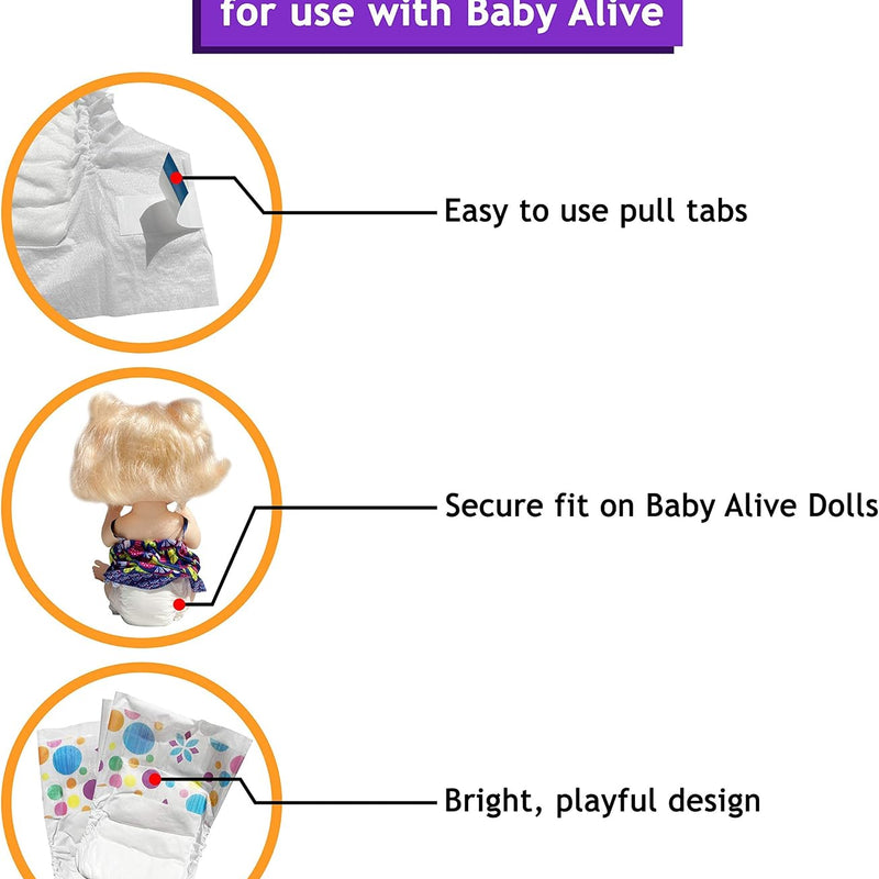 Baby Doll Diapers 32 Pack Refill for Baby Alive 10-14 Inch, Drink & Wet | Pail Buddies Award-Winning Doll Diapers, Secure Tabs Easy On Off, Absorbent, Ages 3+, Baby Alive Accessories, Pretend Play