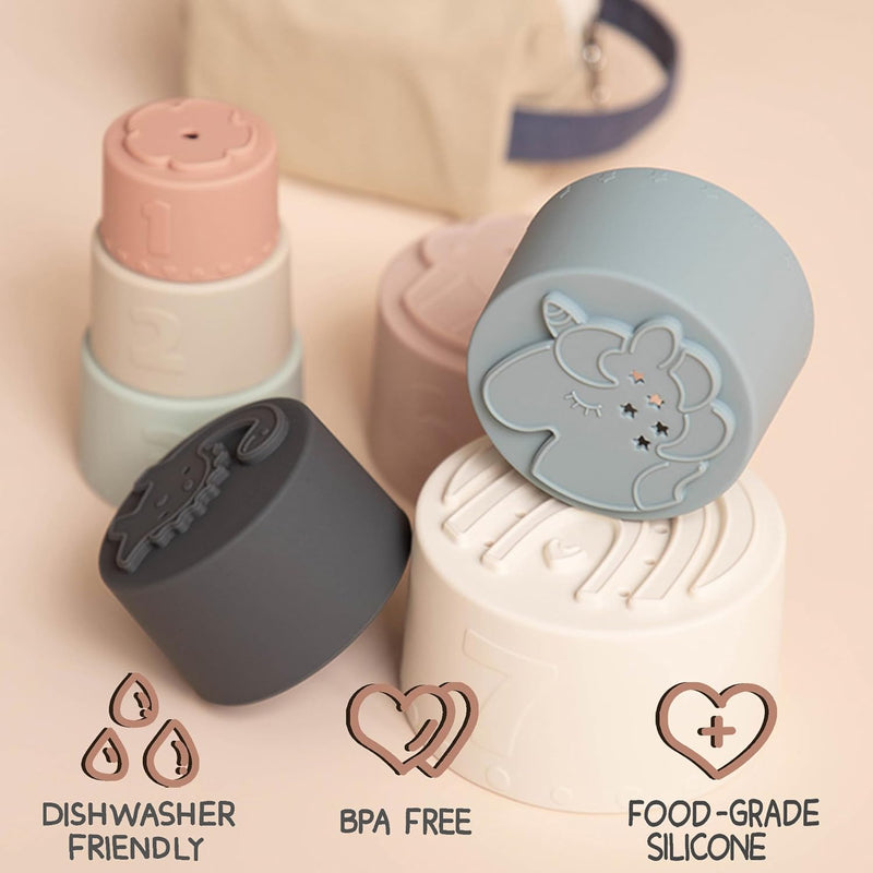 Moonkie 7-piece Stackable Silicone Teether Toy Set for 6+ Months, Soft and Edible
