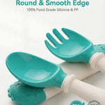 Deejoy Toddler Utensils Self-feeding Flatware Set withTravel Case-Green | Baby Spoons and Forks with Silicone Bendable Handle, Easy Grip Heat-Resistant, Ideal for Kids, Stage 2