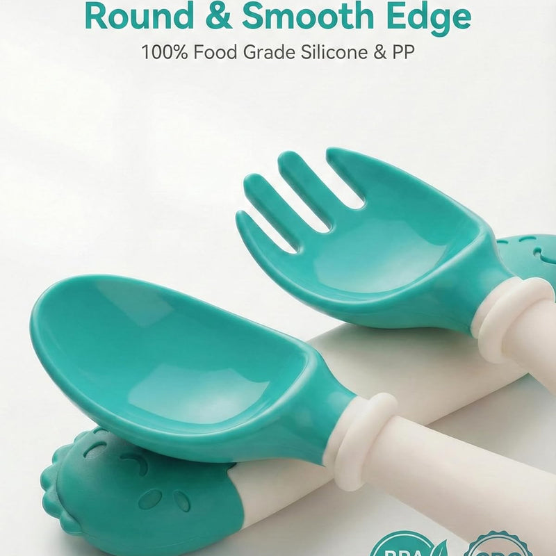 Deejoy Toddler Utensils Self-feeding Flatware Set withTravel Case-Green | Baby Spoons and Forks with Silicone Bendable Handle, Easy Grip Heat-Resistant, Ideal for Kids, Stage 2