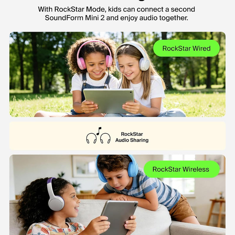 Belkin SoundForm Mini 2 Bluetooth Kids Headphones, On Ear, 55H Battery Life | Toddler headphones, 85dB Volume Limit, Built-in Mic, Wired Connection Option, iPad, Android Tablet, School, Travel