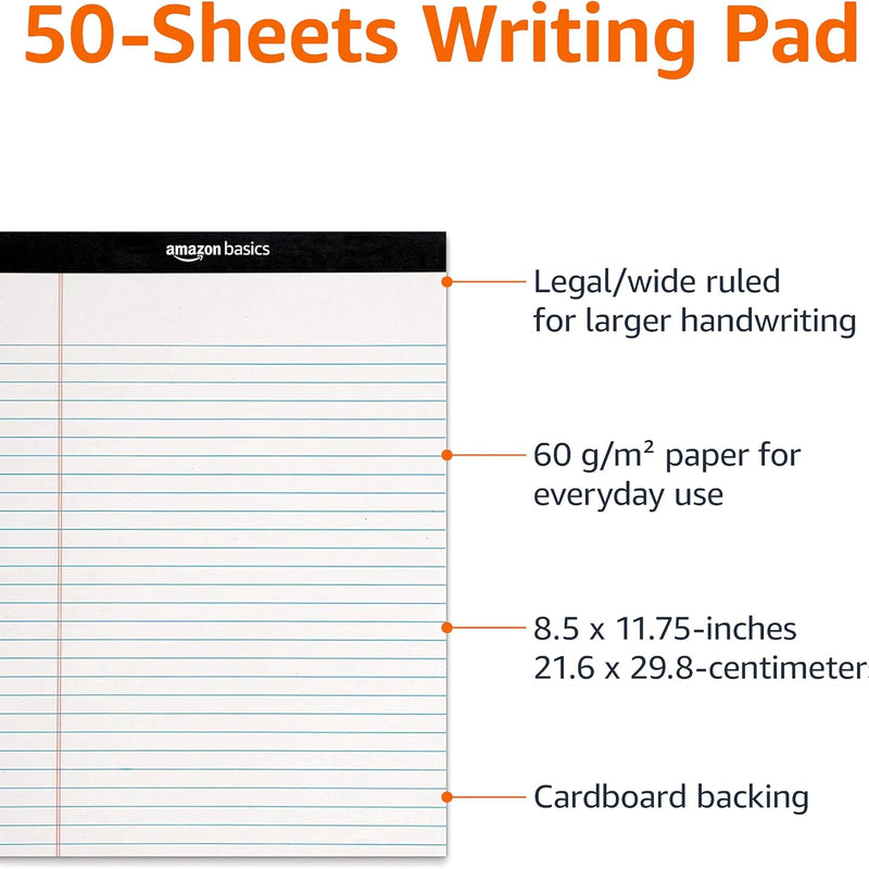 Amazon Basics Wide Ruled Lined Writing Note Pads for Office Supplies, 8.5" x 11.75", White, 12-Pack of 50 Perforated Sheets
