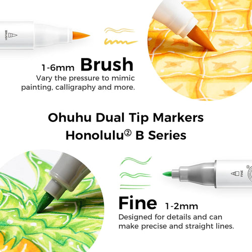 Ohuhu Alcohol Markers Brush Tip - AP Certificated Double Tipped Art Marker Set for Artist Adults Coloring Illustration- 72 Colors - Refillable - Fine and Brush Dual Tips - Honolulu 2B of Ohuhu Markers