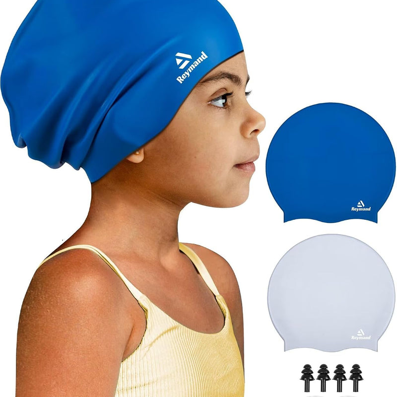 2 Pack Kids Extra Large Swim Cap for Long Thick Hair, Waterproof Silicone Swimming Cap for Toddler Child Youth Girls Boys, Durable Swim Hats Bathing Caps for Braids, Dreadlocks, Extensions, Afros