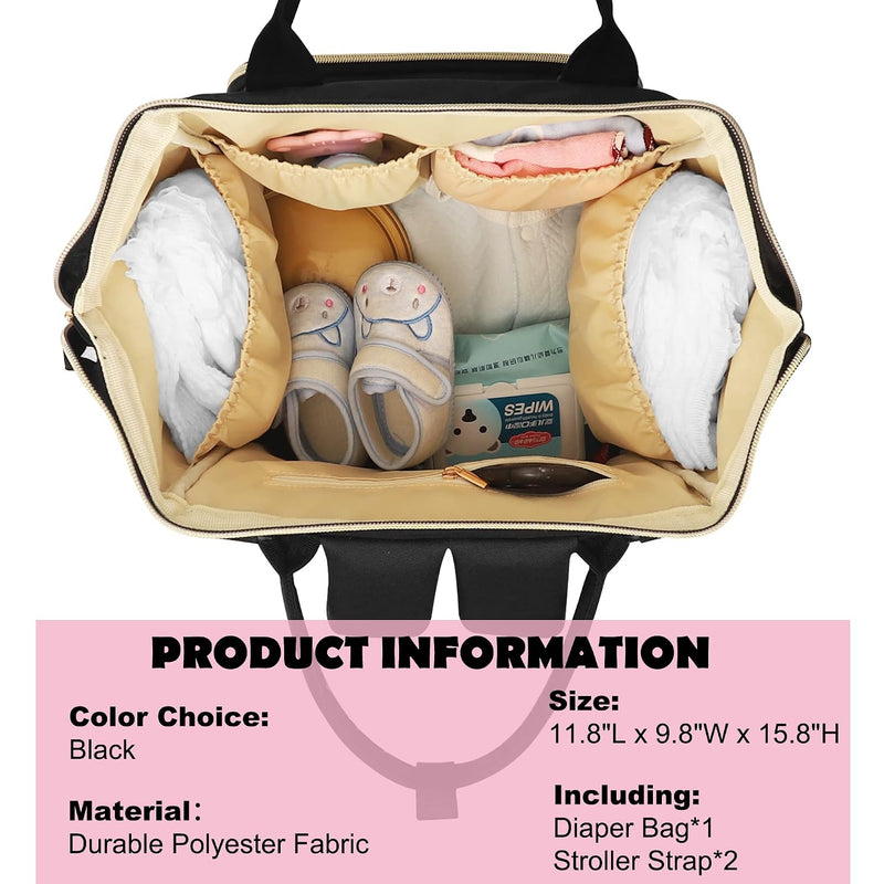 Diaper Bag Backpack Multifunction Maternity Nappy Baby Bag for Girls & Boys Large Capacity Travel Diaper Bags Dark Black