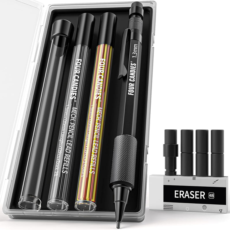 Four Candies 1.3mm Mechanical Pencil Set with 72 Lead Refill, 3PCS Metal Weatherproof Body Heavy Duty Carpenter Pencil, 3 Eraser, 16 Eraser Refill, for Outdoor Woodworking Drafting Marking with Case