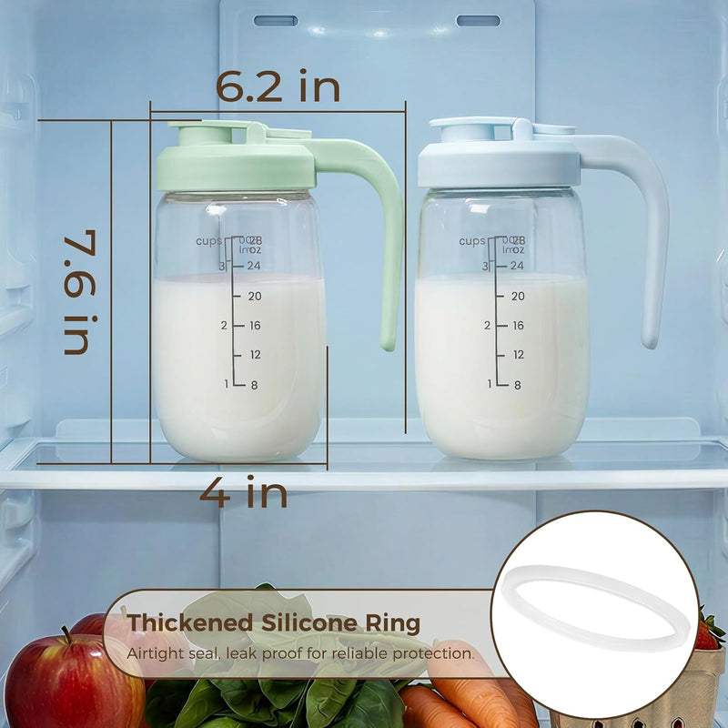 2 Pack Breast Milk Pitcher 32 OZ, Heat & Cold Resistant, Sudden Temperature Safe, Fast Baby Formula Maker with Wide Mouth, No Leak Glass Fridge Storage Container for Juice, Cold Brew-Blue, Green