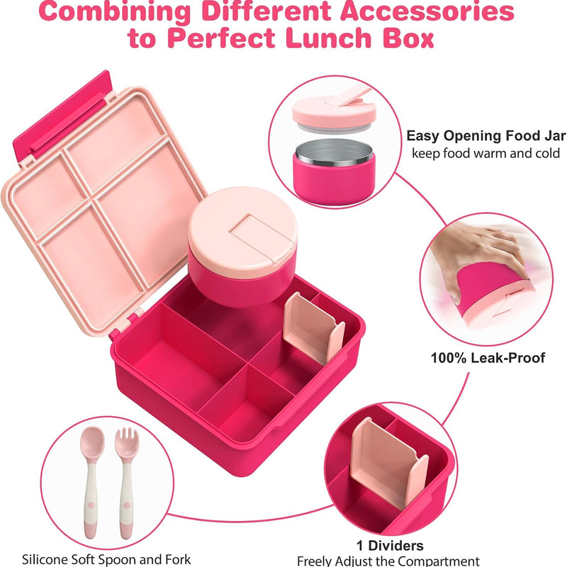 Pawtong Bento Lunch Box with 8oz Soup Thermo, Kids Leakproof Lunch Food Containers with 4 Compartment, Kids Thermo Insulated Hot Food Jar for School, Trvael - (Pink)