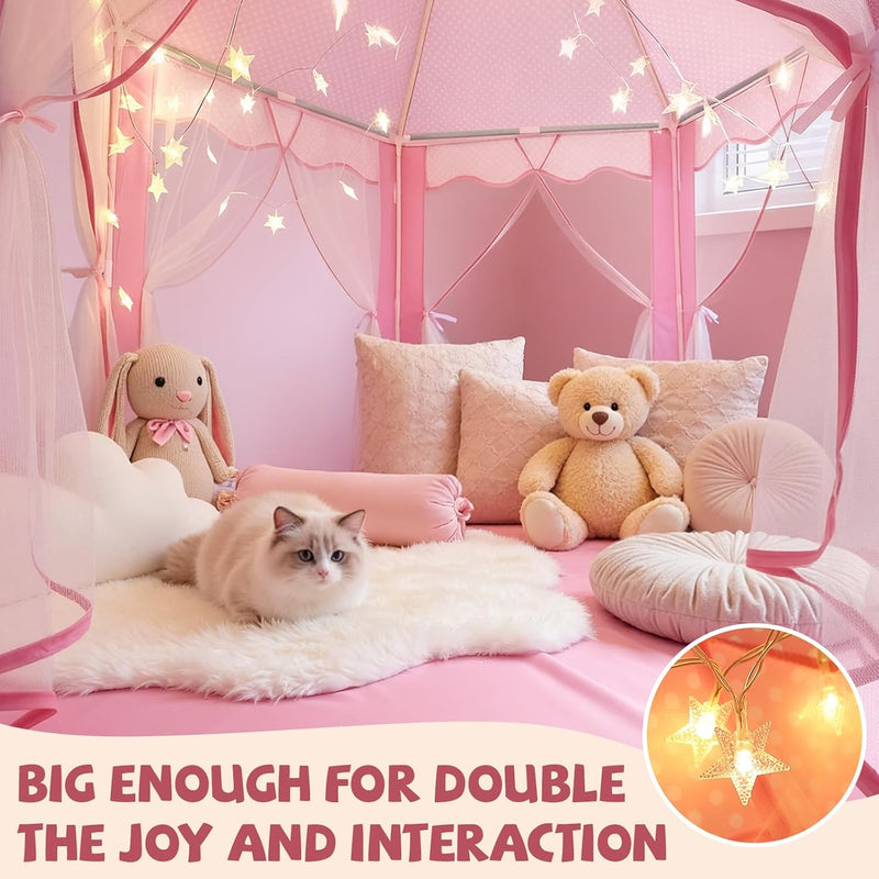 Sumbababy Princess Castle Tent for Girls Fairy Play Tents for Kids Hexagon Playhouse with Fairy Star Lights Toys for Children or Toddlers Indoor or Outdoor Games (Pink)