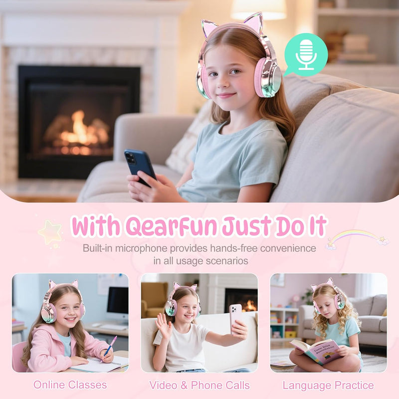 QearFun Kids Cat Ear Bluetooth Headphones, 60H, 74/85/94dB Volume Limit | Wireless headphones for kids with mic, fast charging, foldable design, wired mode for girls boys, school, tablet, travel