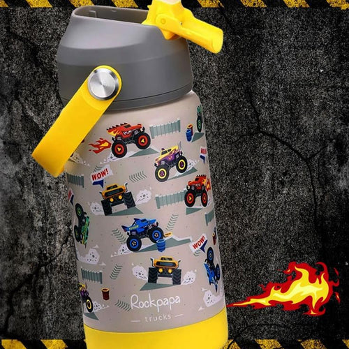 rockpapa 14 oz Kids Insulated Water Bottle，Stainless Steel Toddler Cups with Straws, BPA Free, Leak-Proof, Kids Water Bottle for School Boys& Girls (Grey Trucks)