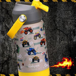 rockpapa 14 oz Kids Insulated Water Bottle，Stainless Steel Toddler Cups with Straws, BPA Free, Leak-Proof, Kids Water Bottle for School Boys& Girls (Grey Trucks)