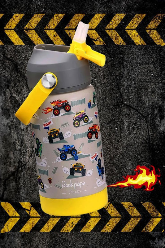 rockpapa 14 oz Kids Insulated Water Bottle，Stainless Steel Toddler Cups with Straws, BPA Free, Leak-Proof, Kids Water Bottle for School Boys& Girls (Grey Trucks)