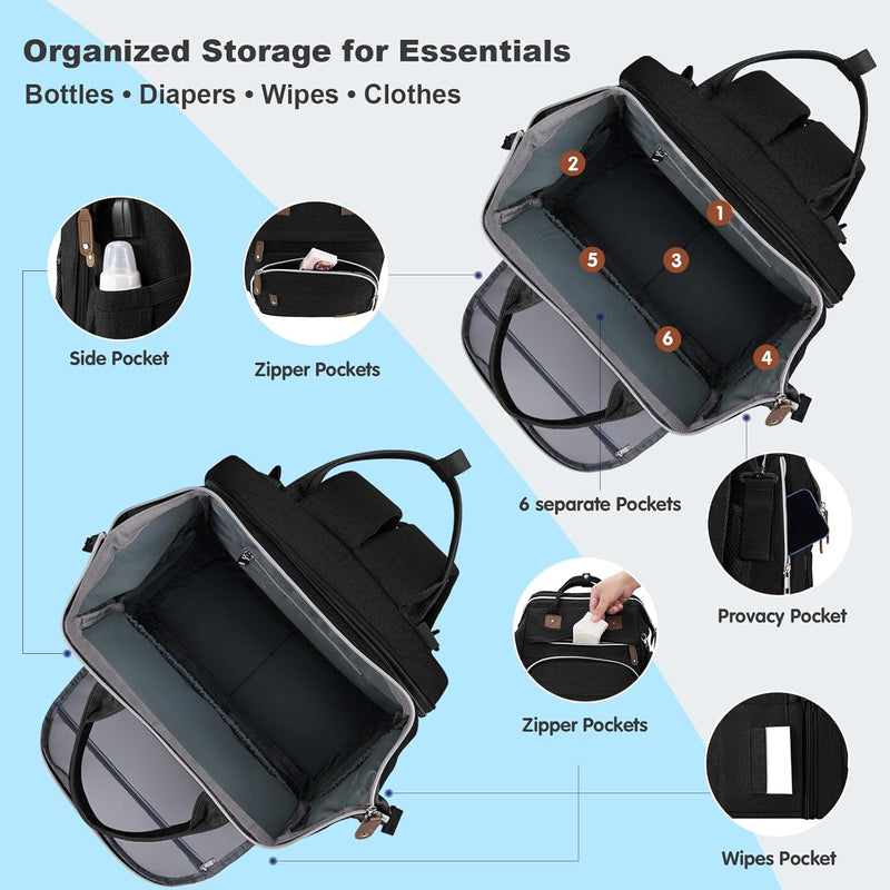 Diaper Bag Backpack, Large Baby Bag with Changing Pad, Thick Padded Back & Straps, Laptop Compartment, Waterproof Travel Backpack with USB Port, Multi-Function for Mom & Dad, Black