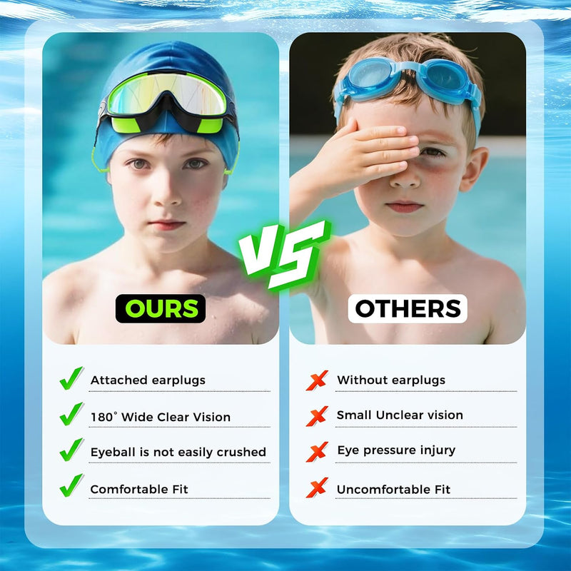 3 Pack Swimming Goggles, Kid Goggles with Earplugs Large Frame Anti-Fog/UV Wide View Swim Goggles Boys Girls 6-14