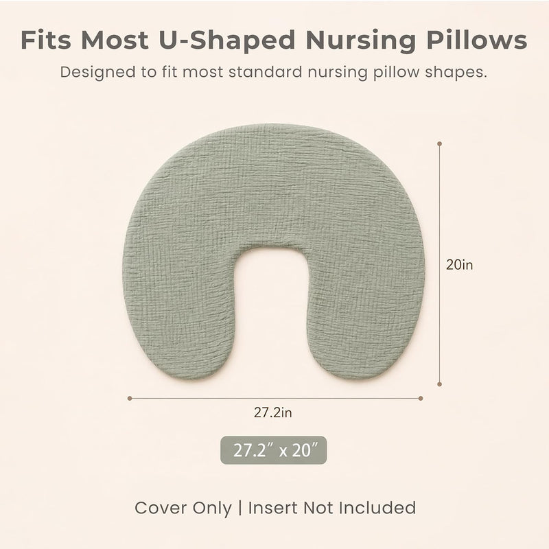 Konssy 2-Pack 100% Cotton Muslin Nursing Pillow Covers, Soft Cover for Baby | Covers Only, Breastfeeding Pillows Slipcovers for Baby Boys & Girls, Hidden Zipper, Machine Washable, (Fog Green, Cream)