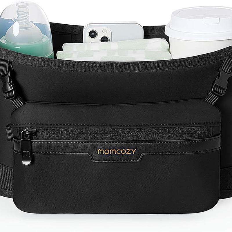 Momcozy Slim Stroller Organizer with 2 Insulated Cup Holders | Non-Slip Silicone Straps with Detachable Mini Pouch, Dense-Weave Parent Console, Fits UPPAbaby, Doona, Graco and More