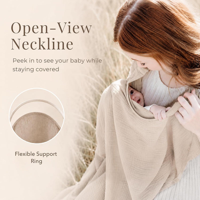Konssy Muslin Nursing Cover Up for Breastfeeding with Rigid Hoop | 100% Cotton Nursing Apron, Lightweight & Breathable, Carseat Canopy, Breast Feeding Covers for Women (Summer Wheat)