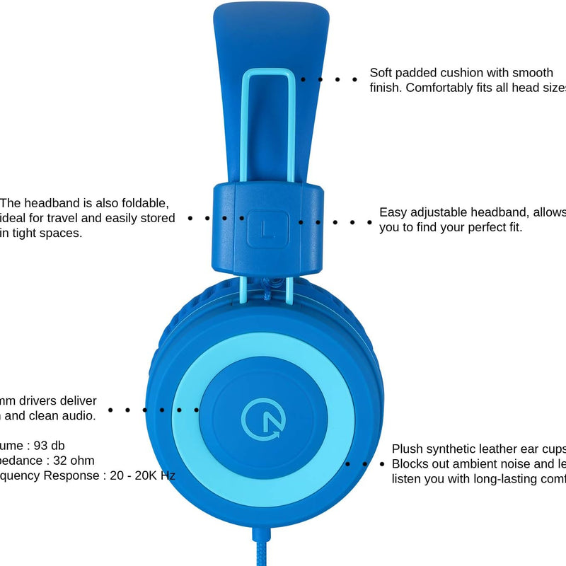 noot products K11 Kids Headphones Wired 3.5mm Jack Tangle-Free Skyline Blue | 5ft Long Cord, Foldable, Plug in On-Ear Headset for iPad, Amazon Kindle Fire, Boys, Girls, School, Laptop Travel Plane Tablet