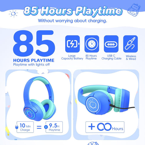 Kids Bluetooth Headphones with 85H Playtime, LED Lights, and 85/94dB Volume Limit, Blue