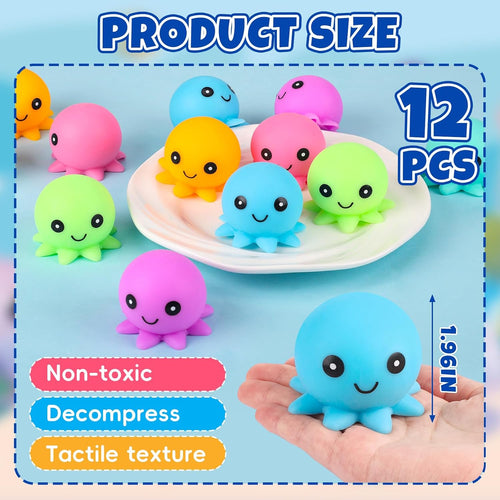 12 Pack Stress Balls for Adults, Cute Octopus Fun Squish Ball, Fidget Toys Bulk Squishy Squeeze Ball Set and Birthday Party Favors Toys for Kids
