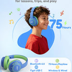 Acer OHR702 Kids Bluetooth Headphones for School with Built-in Mic,Over-Ear | 75H Playtime, Bluetooth 6.0, 3.5mm Jack Aux Cord, 85dBA Safe Volume, USB-C Fast Charging, for iPad/Travel/Tablet- Blue Green