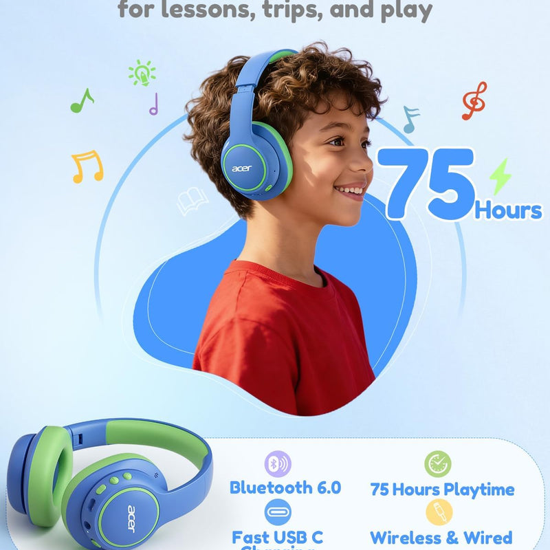 Acer OHR702 Kids Bluetooth Headphones for School with Built-in Mic,Over-Ear | 75H Playtime, Bluetooth 6.0, 3.5mm Jack Aux Cord, 85dBA Safe Volume, USB-C Fast Charging, for iPad/Travel/Tablet- Blue Green