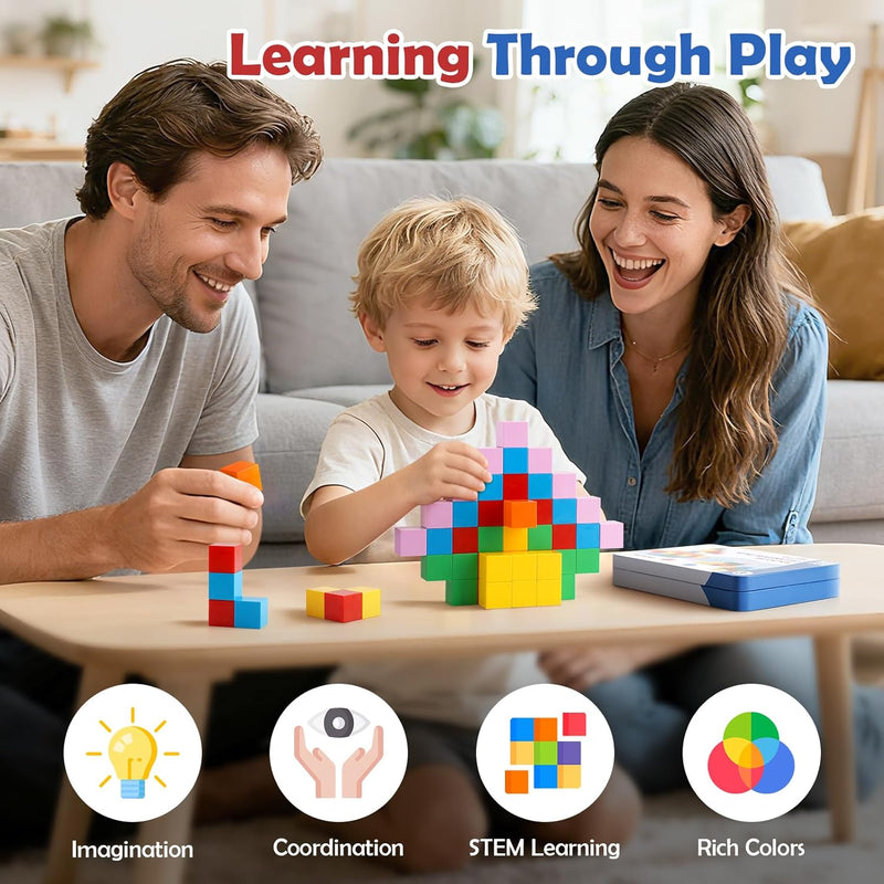 52 PCS Magnetic Blocks with Metal Box, 0.8in Mini Building Cubes Protable Travel Airplane Classroom Toys for Kids Ages 3+, STEM Educational Building Set for Toddlers Boys & Girls Birthday Gifts