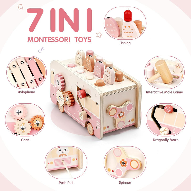 Vanplay Hammering Pounding Toys for 1 2 Year Old Girl Birthday Gifts | 7 in 1 Pink Wooden Learning Activities with Fishing/Spinner/Xylophone/Mole Game for Toddlers 1-3 - Baby Girl Gifts 12+ Months
