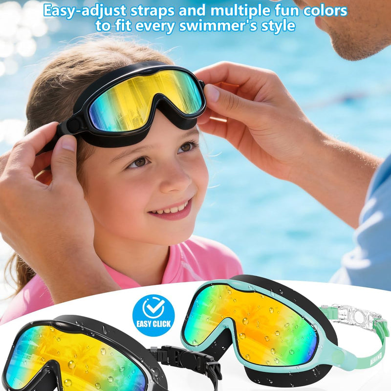 Aegend Swim Goggles Wide Frame Anti-Fog Swimming Goggles for Kids 3-14 | 2 Pack Anti-UV Comfort Fit Swimming Mask for Boys Girls Youth Ideal for Pool, Beach, Swim Lessons, Vacation