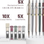Mr. Pen- Art Mechanical Pencil Set, 5 Sizes (0.3, 0.5, 0.7, 0.9, 2.0mm) | 5 HB Lead Refills & 10 Eraser Refills, Precision Drawing Pencils for Sketching, Writing & Artwork