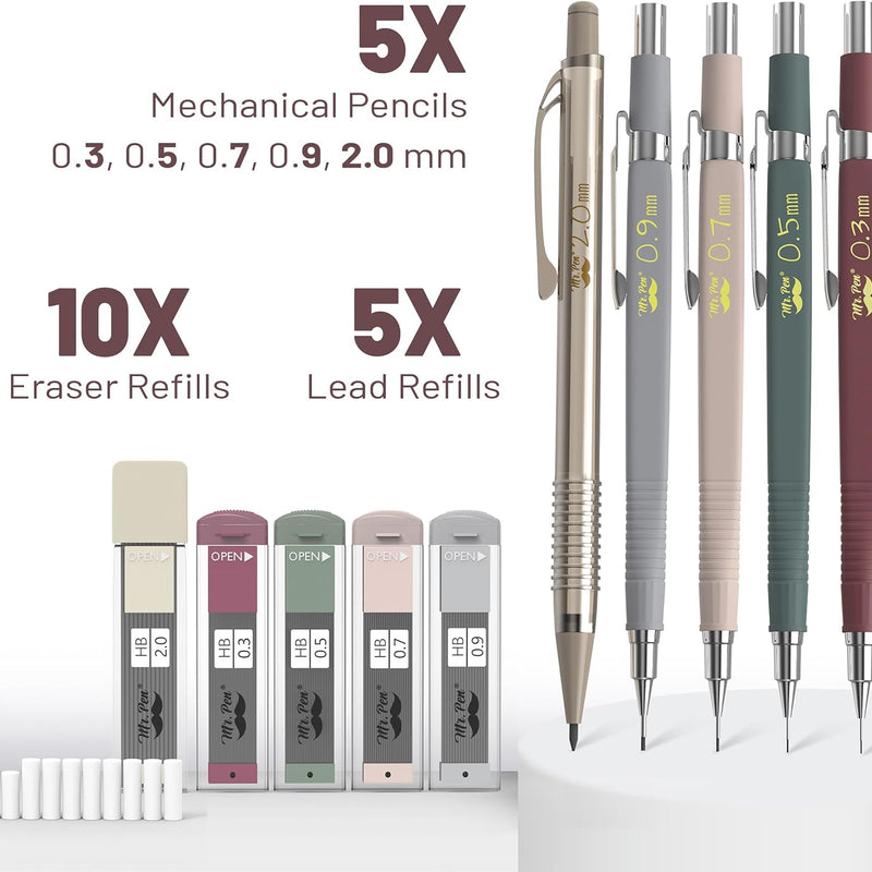 Mr. Pen- Art Mechanical Pencil Set, 5 Sizes (0.3, 0.5, 0.7, 0.9, 2.0mm) | 5 HB Lead Refills & 10 Eraser Refills, Precision Drawing Pencils for Sketching, Writing & Artwork
