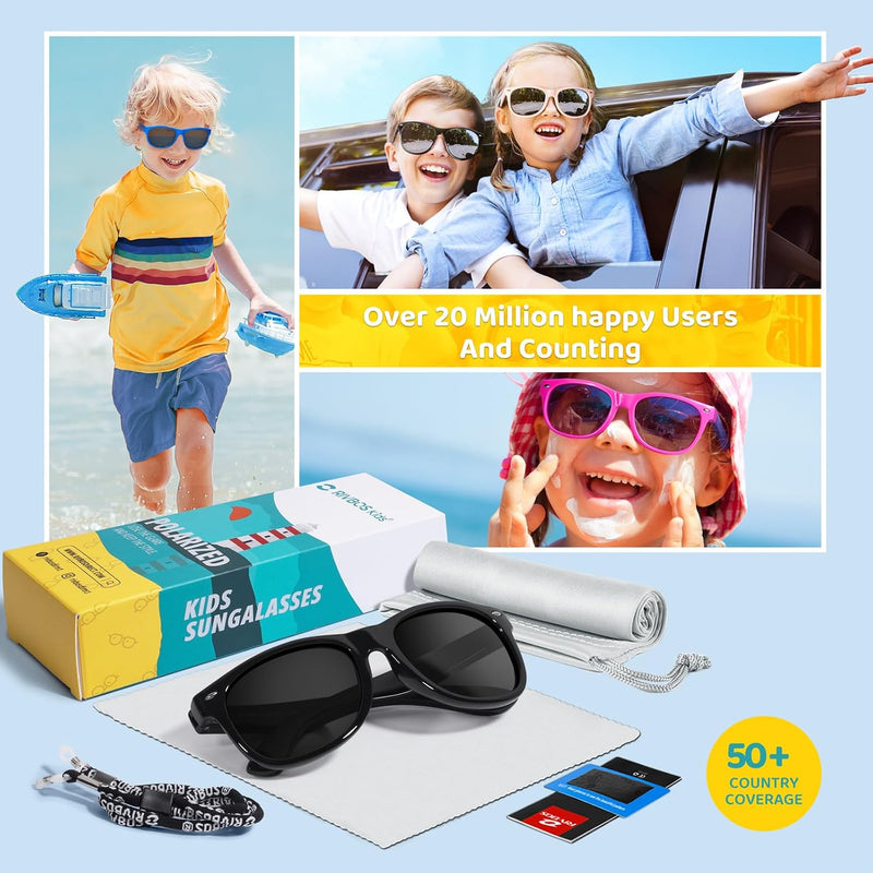 RIVBOS Kids Sunglasses Polarized UV400 TPE with Strap for Boys Girls RBK004 | Flexible rubber frame with UV protection and secure strap for boys, girls, beach, travel and play