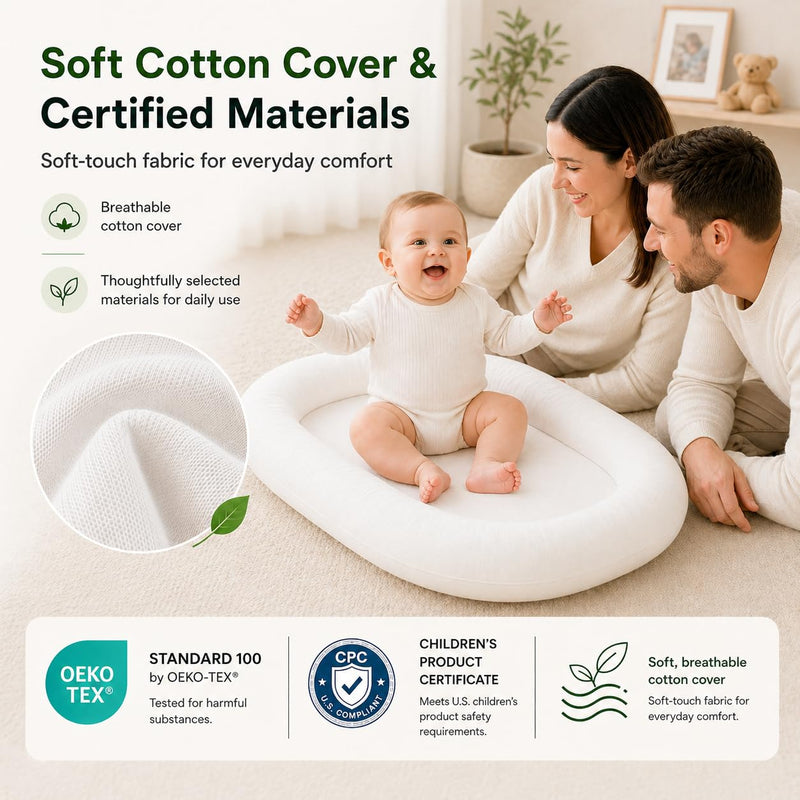 Baby Lounger for Newborns 0-24 Months - Baby Essentials | Soft Breathable Cotton Infant Support Cushion for Tummy Time & Play, Portable Infant Lounger - Cloud White (Cover Included)
