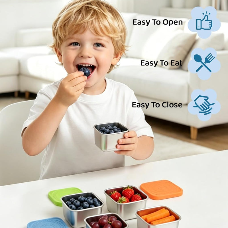 HTEVW 6 Pack Stainless Steel Snack Containers for Kids, 6 oz Toddler Snack Containers with Silicone Lids, Reusable Leak Resistant Food Containers for School Lunch, Daycare, Travel & Portion Control
