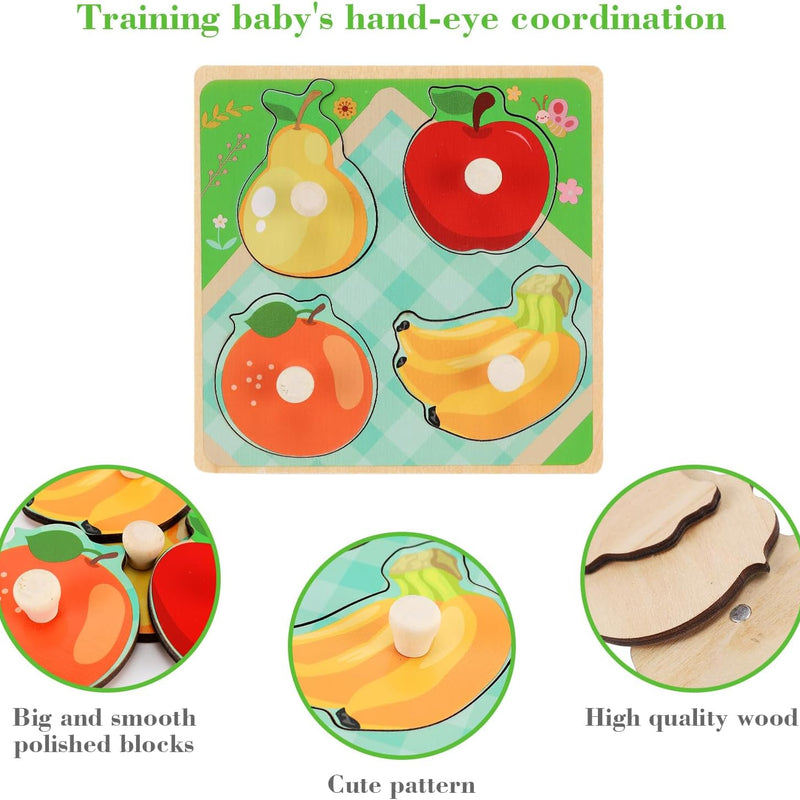 4-piece Wooden Peg Puzzles for Toddlers, Farm Dinosaur Fruit Marine Animals Preschool Learning Toys