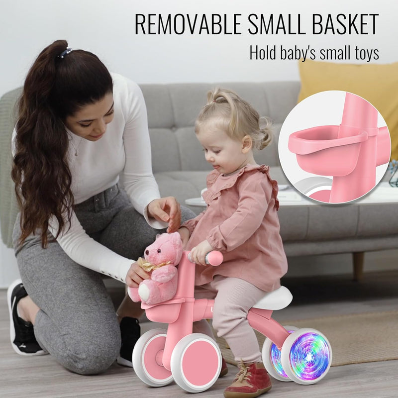 Umatoll Colorful Lighting Baby Balance Bike with Adjustable Seat for 1 Year Old Girl Gifts, First Birthday Gifts