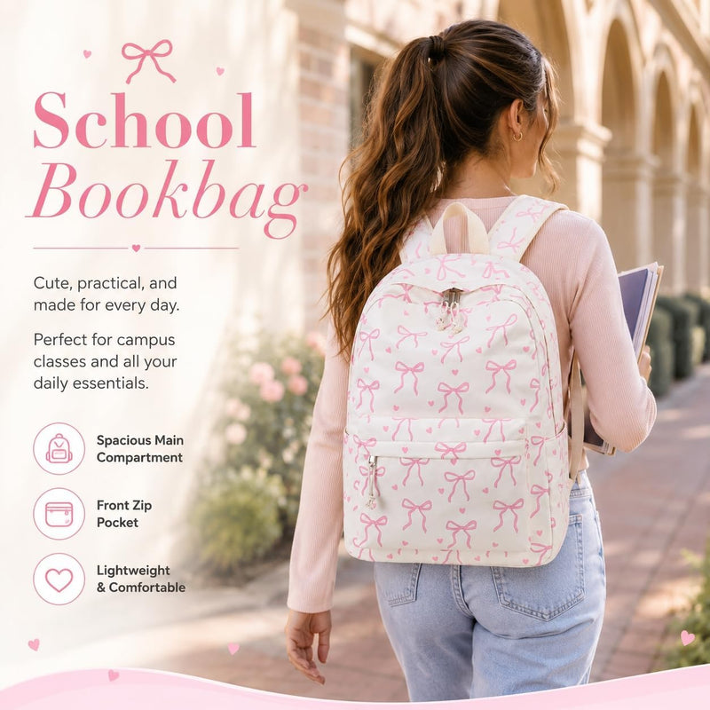 LOIDOU Backpack for Girls School Backpacks Bookbags for Elementary Middle School Women Laptop Backpacks (Bow tie Beige, L-17)