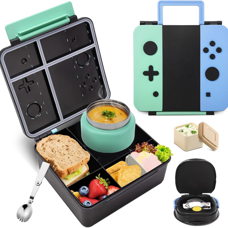 Game Bento Box for Kids, Lunch Box with Thermo(9oz Food Jar), Folding Spoon, Removable Divider & Sauce Cup, Lunch Box Kids for School,Travel, BPA-Free & Realistic Shape(Blue-Red)