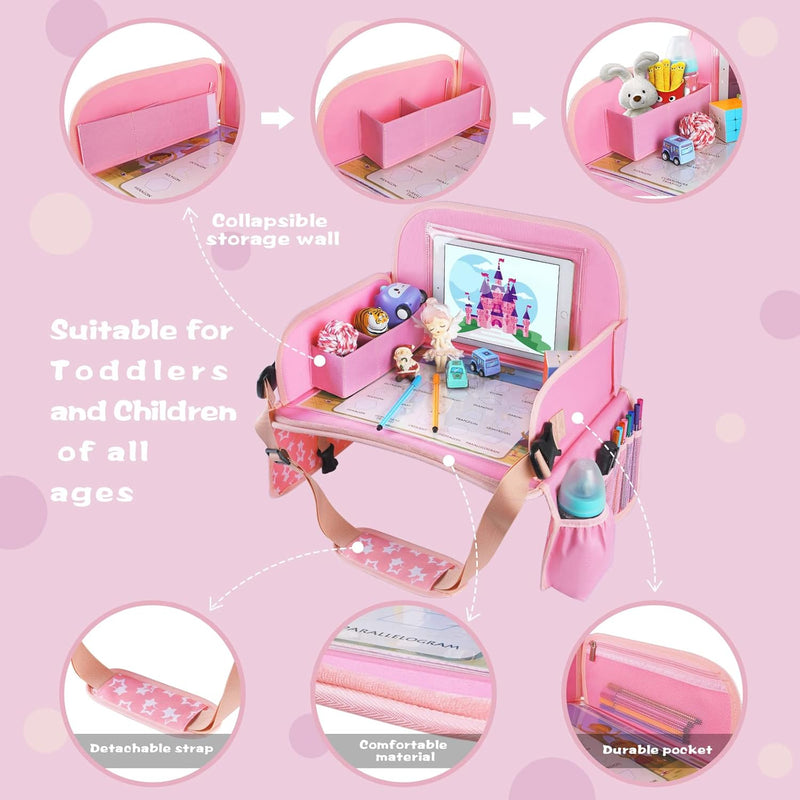 MENZOKE Kids Travel Tray for Toddler Car Seat, Road Trip Activities for Kid | Road Trip Essentials Accessories Lap Tray with iPad Holder Stand & Dry Erase Board as Travel Gifts for Kid, Pink