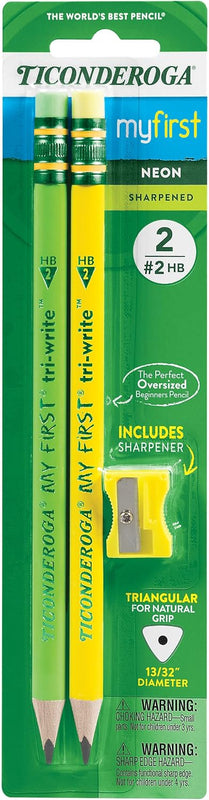 Ticonderoga My First Tri-Write Wood-Cased Pencils, Pre-Sharpened, 2 HB, With Erasers, Neon Colors, 12 Count