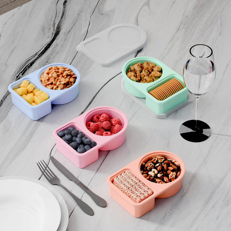 5 Pack Silicone Snack Containers with Lids, Reusable Snackle Box, 8 oz | 2 Compartments, Rainbow