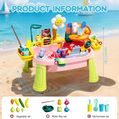 Ploomi 2026 Upgraded Water Table for Toddlers 1-3 - Outdoor Toys for Kids Ages 4-8 with Pump, Summer Outside Sensory Activity Pool Toys, Kitchen Play Sink Toy with Running Water, Fishing Toy, Pink