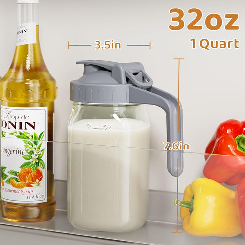 32 oz Breast Milk Pitcher, Glass Mason Jar Pitcher with Lid | Airtight, Leak Proof, Wide Mouth, Pour Spout Lid, Thick Glass, Fridge Safe, Ergonomic Handle, Easy to Clean