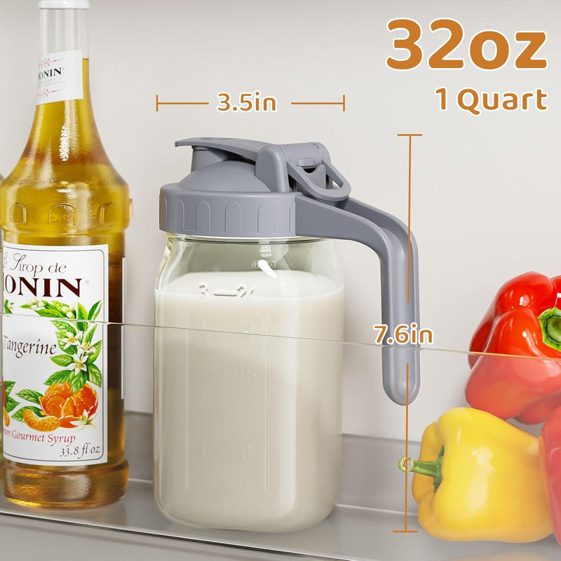 32 oz Breast Milk Pitcher, Glass Mason Jar Pitcher with Lid | Airtight, Leak Proof, Wide Mouth, Pour Spout Lid, Thick Glass, Fridge Safe, Ergonomic Handle, Easy to Clean