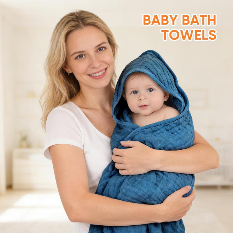 MIGIOL Muslin Baby Towels 100% Cotton ，Super Soft Muslin Baby Bath Towel - 32 x 32 Inches, Suitable for Newborn and Young Children up to 3 Years Old. (Light Blue & Dark Blue)
