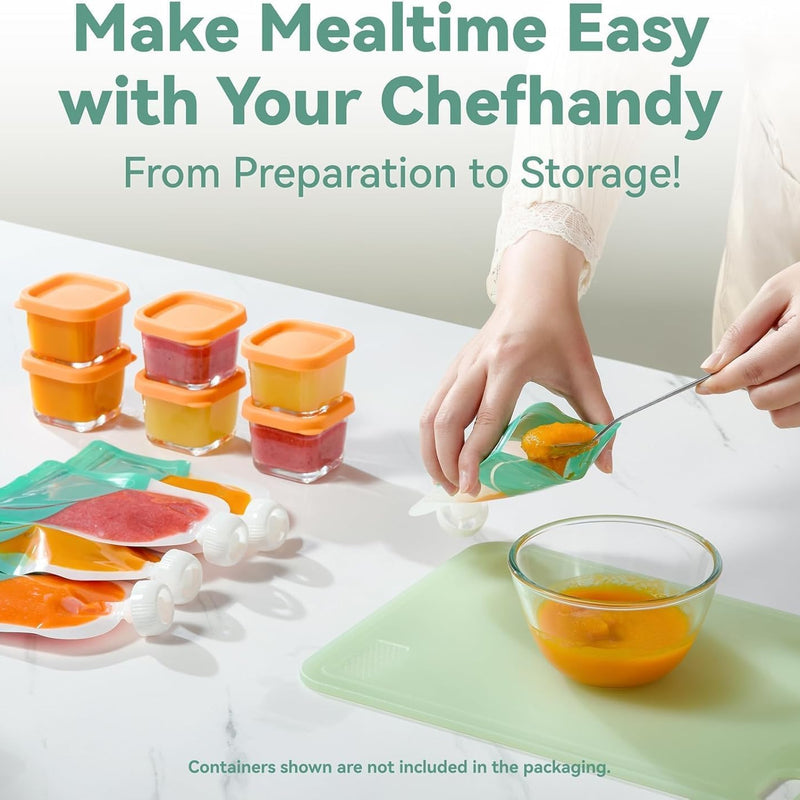 Chefhandy 5-in-1 Baby Food Maker with Stainless Steel Steam Basket, Green | One-step baby food processor with BPA-free food-contact parts, 6 reusable pouches, and recipe guide for homemade baby meals.