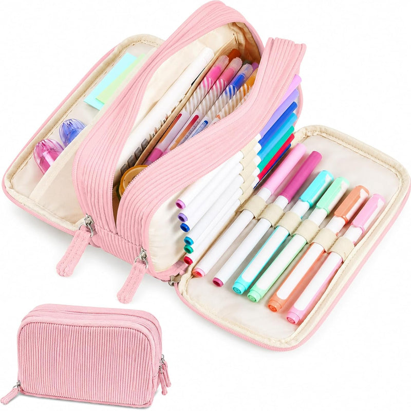 Sooez Big Capacity Pencil Case Pen Pouch, Soft Corduroy Pencil Bag with 3 Compartment, Multiple Pockets, Sturdy Zipper, Cute School Supplies Pen Bag Organizer For Teen Girls College, Beige
